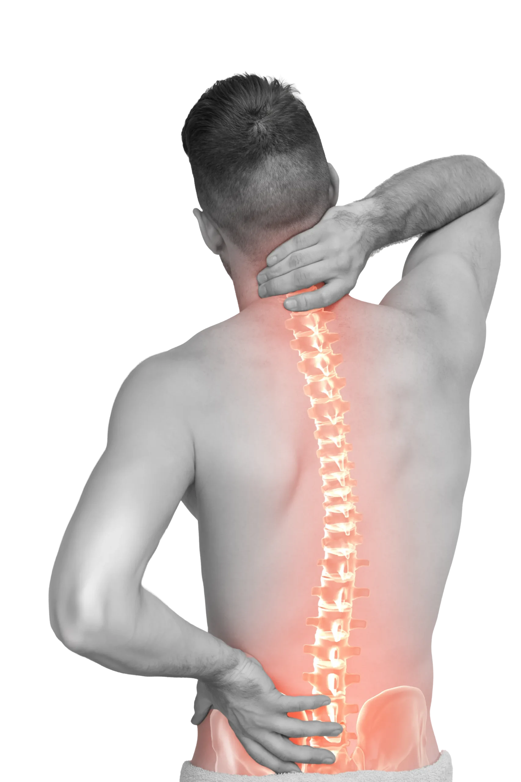 Man holding his neck and lower back with an illuminated spine highlighting back pain